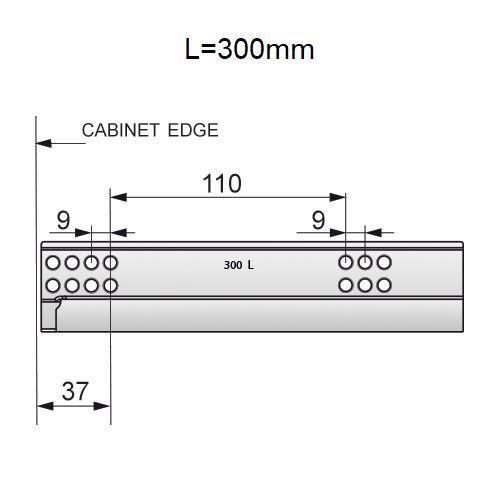 Skryté zavírání zásuvkových lišt s tlumením, 3/4 výsuv - 300 mm