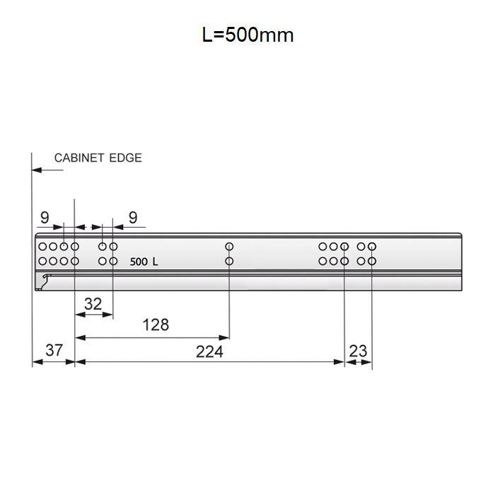 Skryté zavírání zásuvkových lišt s tlumením, 3/4 výsuv - 500 mm