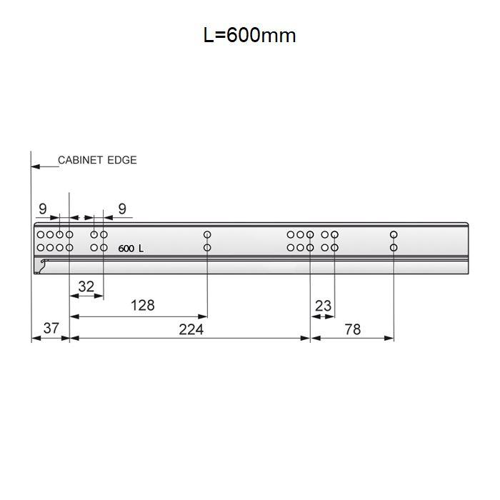 Skryté zavírání zásuvkových lišt s tlumením, 3/4 výsuv - 600 mm.