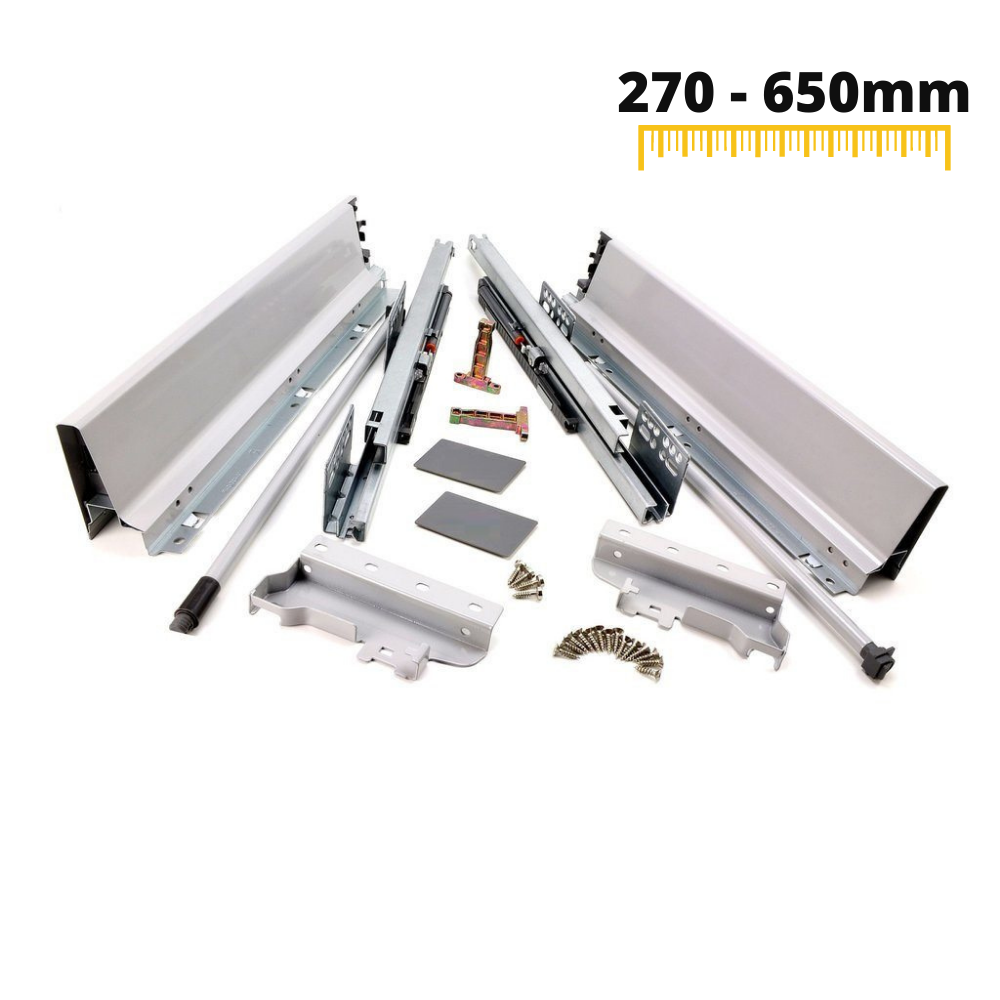 Sada systému zavírání zásuvek s tlumením, STŘEDNÍ, V: 142 mm, stříbrná (4) – Furnica
