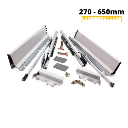 Sada systému zavírání zásuvek s tlumením, STŘEDNÍ, V: 142 mm, stříbrná (4) – Furnica