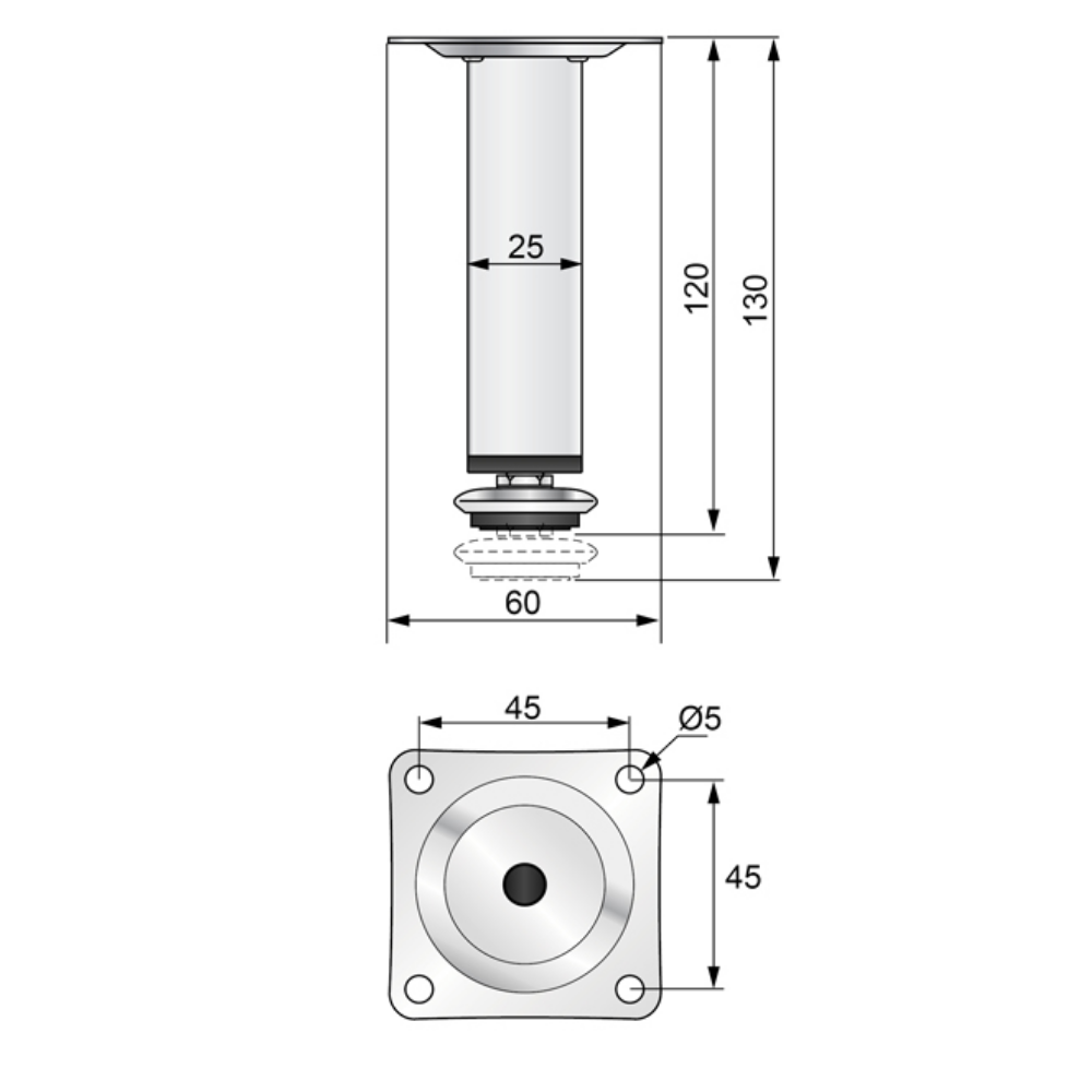 Čtvercová noha nábytku 25x25mm - H120mm chromovaná