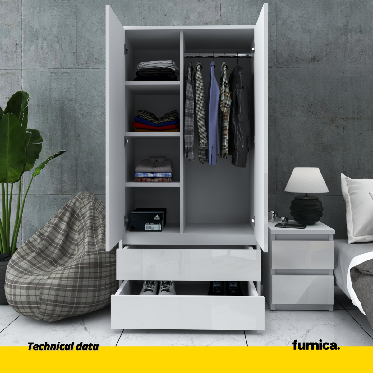 JOELLE - Skříň se 2 dveřmi a 2 zásuvkami - bílý mat / bílý lesk H180cm Š90cm H50cm (3) – Furnica