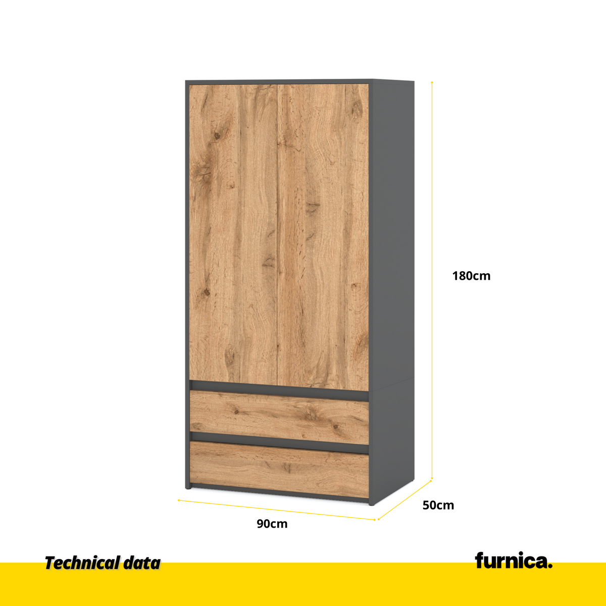JOELLE - Skříň se 2 dveřmi a 2 zásuvkami - Antracit / Wotan dub H180cm W90cm D50cm (2) – Furnica