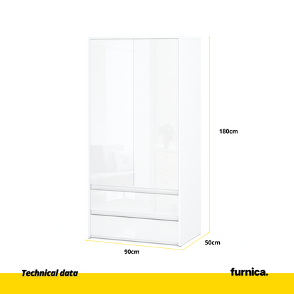 JOELLE - Skříň se 2 dveřmi a 2 zásuvkami - bílý mat / bílý lesk H180cm Š90cm H50cm (2) – Furnica