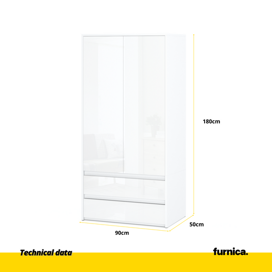 JOELLE - Skříň se 2 dveřmi a 2 zásuvkami - bílý mat / bílý lesk H180cm Š90cm H50cm (2) – Furnica