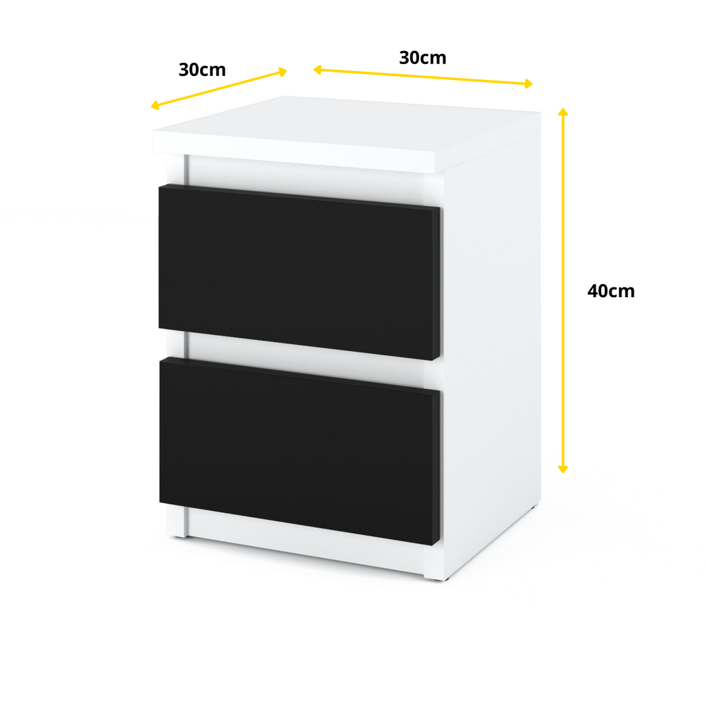 GABRIEL - Noční stolek - Stolní stolek s 2 zásuvkami - Bílý matný / Černý matný H40cm W30cm D30cm