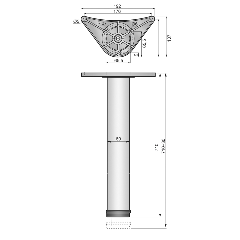 Nastavitelná noha nábytku 710 mm - montážní deska ZnAl - saténová