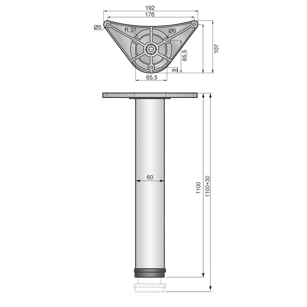 Nastavitelná noha nábytku 1100 mm - ZnAl montážní deska - hliník