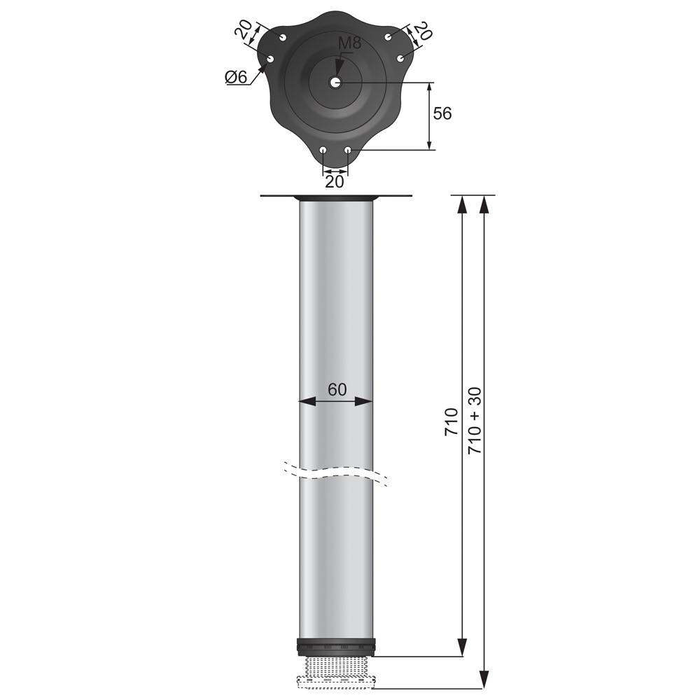 Nastavitelná noha nábytku 710 mm - kartáčovaný nikl