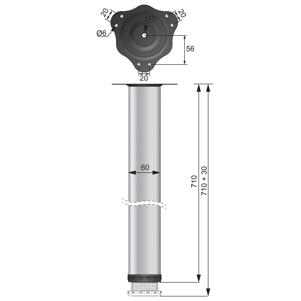 Nastavitelná noha nábytku 710 mm - ocelová montážní deska - bílá (2) – Furnica