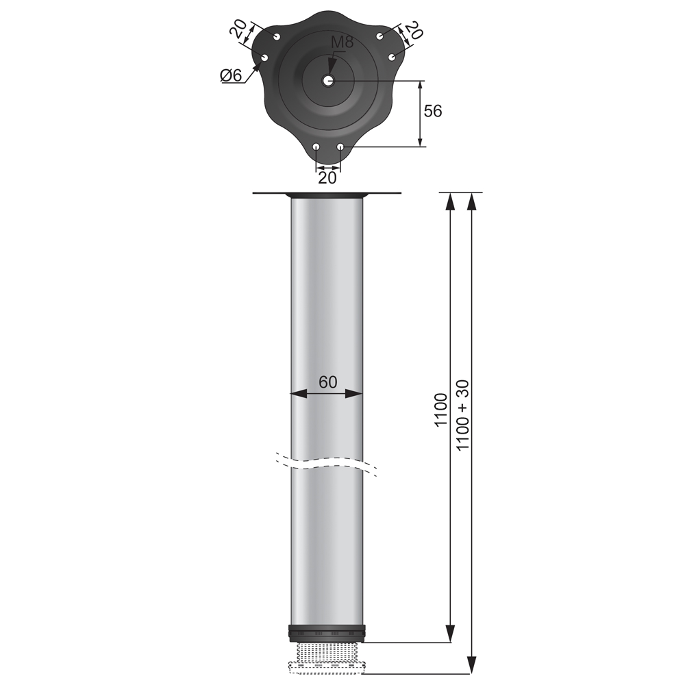 Nastavitelná noha nábytku 1100 mm - ocelová montážní deska - hliník (2) – Furnica