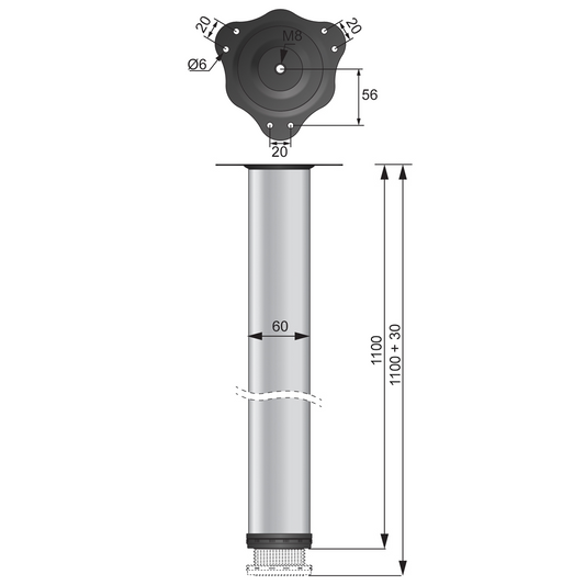 Nastavitelná noha nábytku 1100 mm - ocelová montážní deska - hliník (2) – Furnica