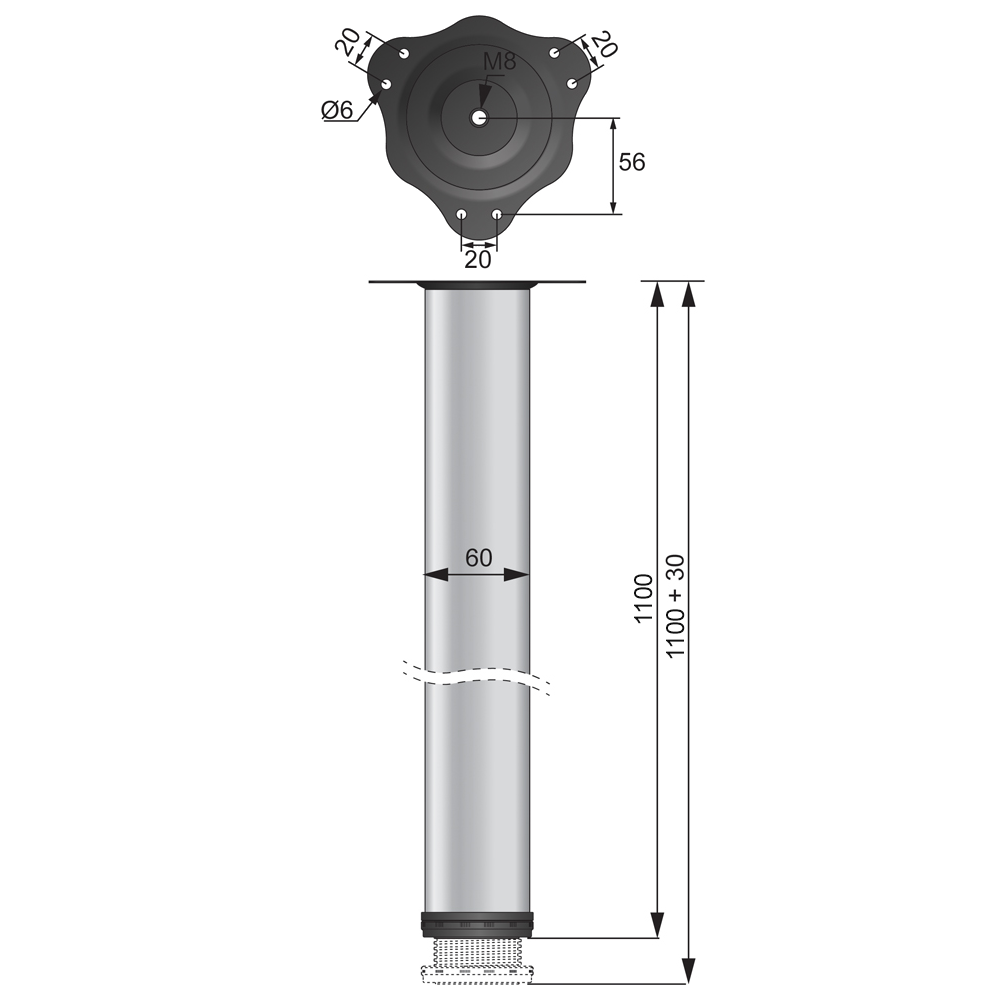 Nastavitelná noha nábytku 1100 mm - ocelová montážní deska - hliník