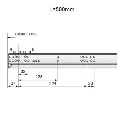 Tlačítkem otevíratelné skryté výsuvné lišty pro zásuvky, plný výsuv - 500 mm.