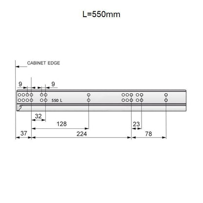 Tlačítkem otevíratelné skryté výsuvné lišty pro zásuvky, plný výsuv - 550 mm.