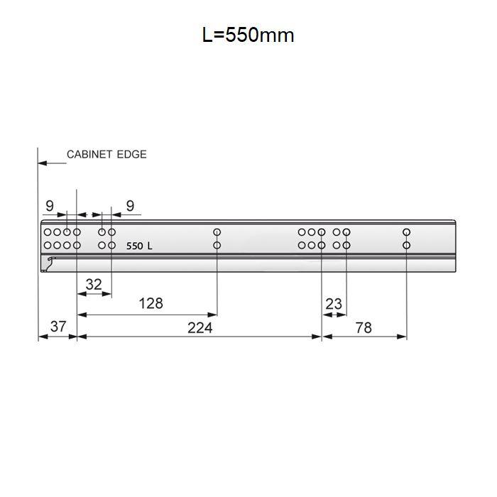 Tlačítkem otevíratelné skryté výsuvné lišty pro zásuvky, plný výsuv - 550 mm.