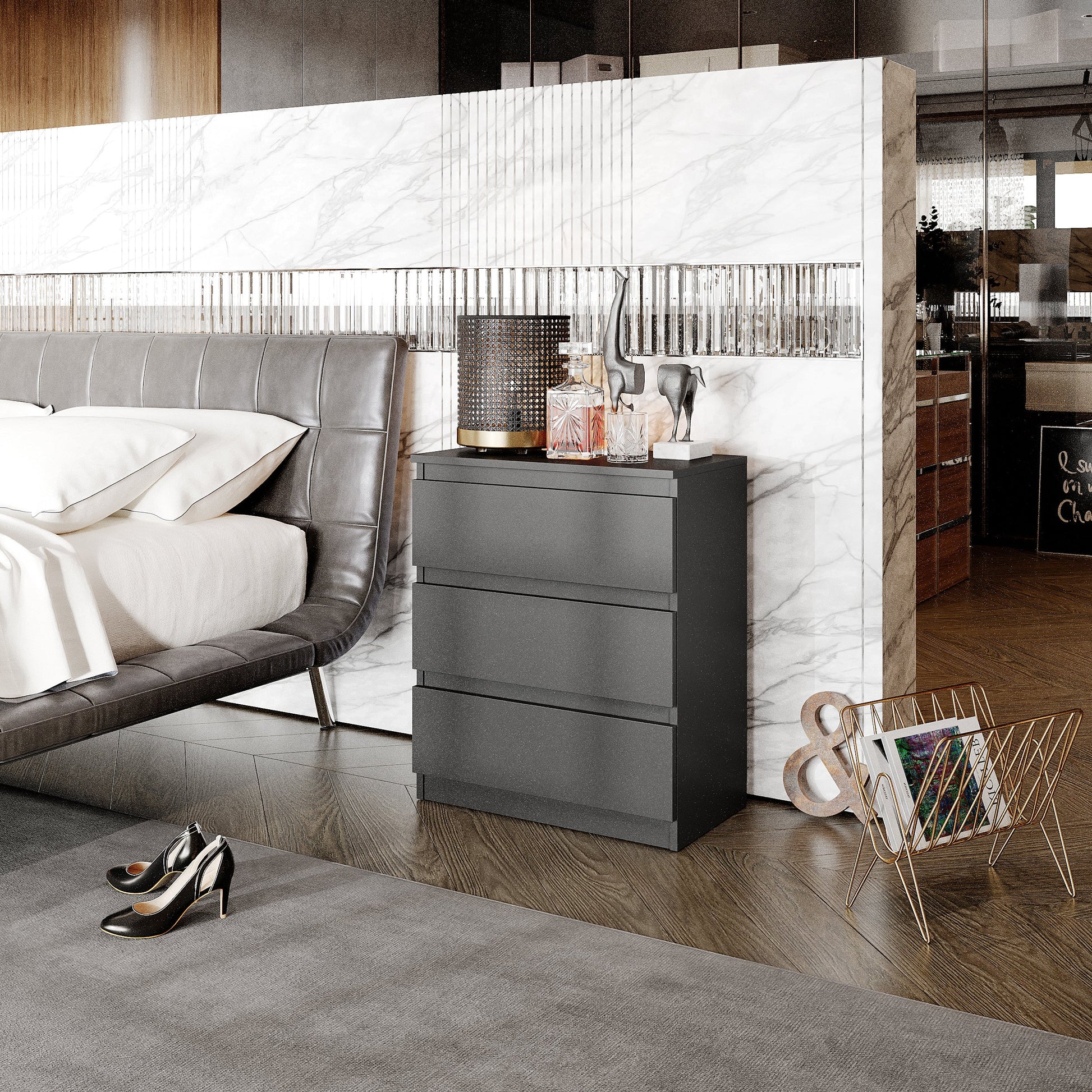 GABRIEL - Komoda se 3 zásuvkami - Skříň na oblečení do ložnice - Antracit - H72cm Š60cm D33cm (2)