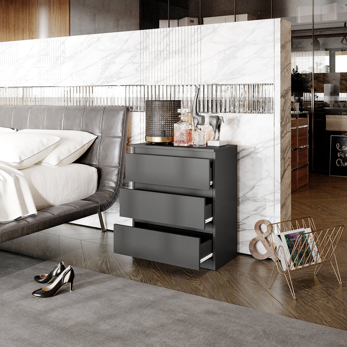GABRIEL - Komoda se 3 zásuvkami - Skříň na oblečení do ložnice - Antracit - H72cm Š60cm D33cm (3)