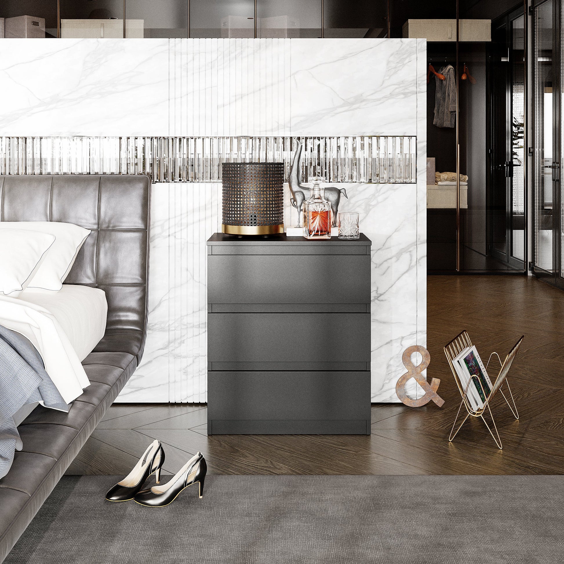GABRIEL - Komoda se 3 zásuvkami - Skříň na oblečení do ložnice - Antracit - H72cm Š60cm D33cm (4)