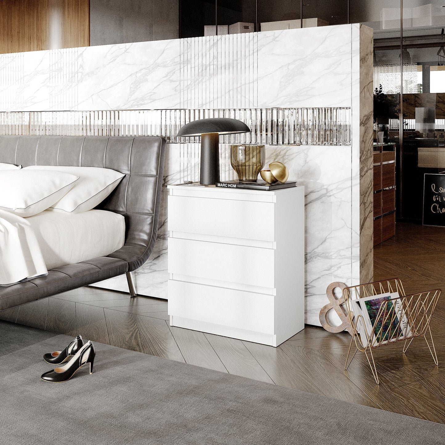 GABRIEL - Komoda se 3 zásuvkami - Skříň na oblečení do ložnice - Bílá matná - H72cm Š60cm D33cm (2)