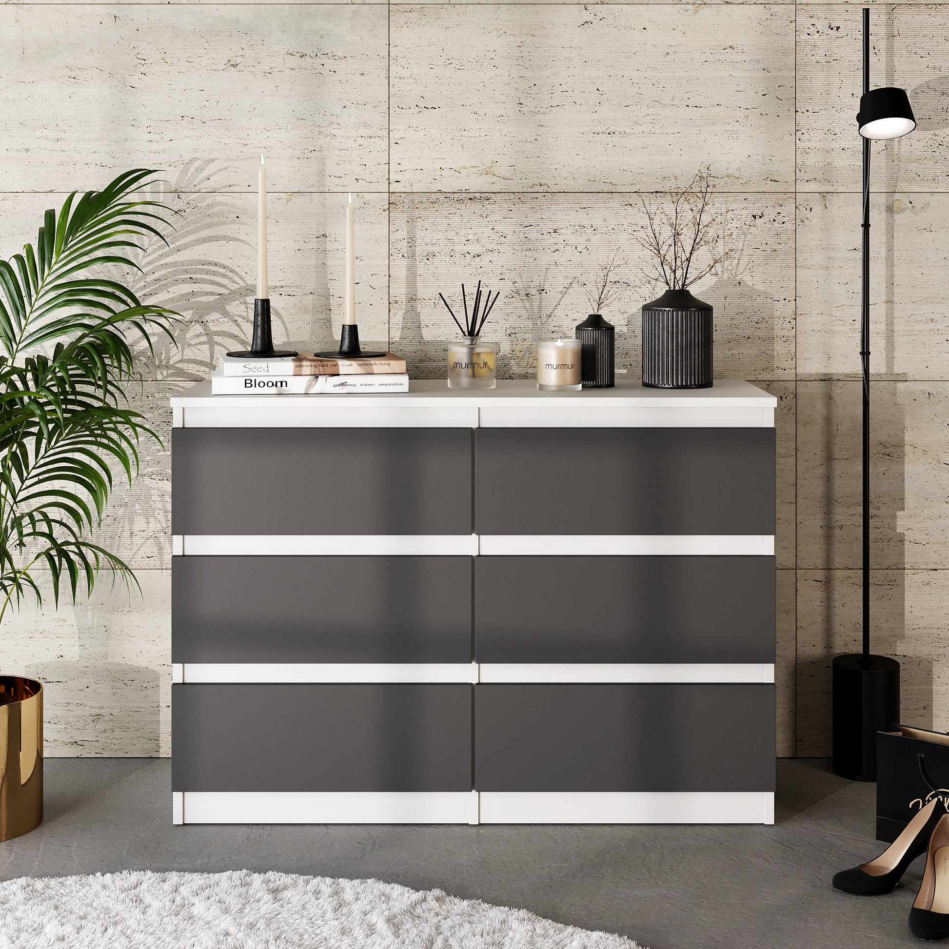 GABRIEL - Komoda se 6 šuplíky - Skříň na oblečení do ložnice - Bílá matná / Antracit - H71cm Š100cm D33cm (3)