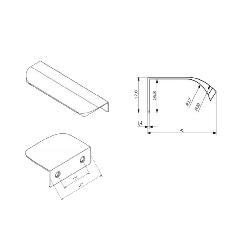Okrajový úchop s kulatým profilem, délka 128 mm (celková délka 148 mm) - matně černý. (2) – Furnica