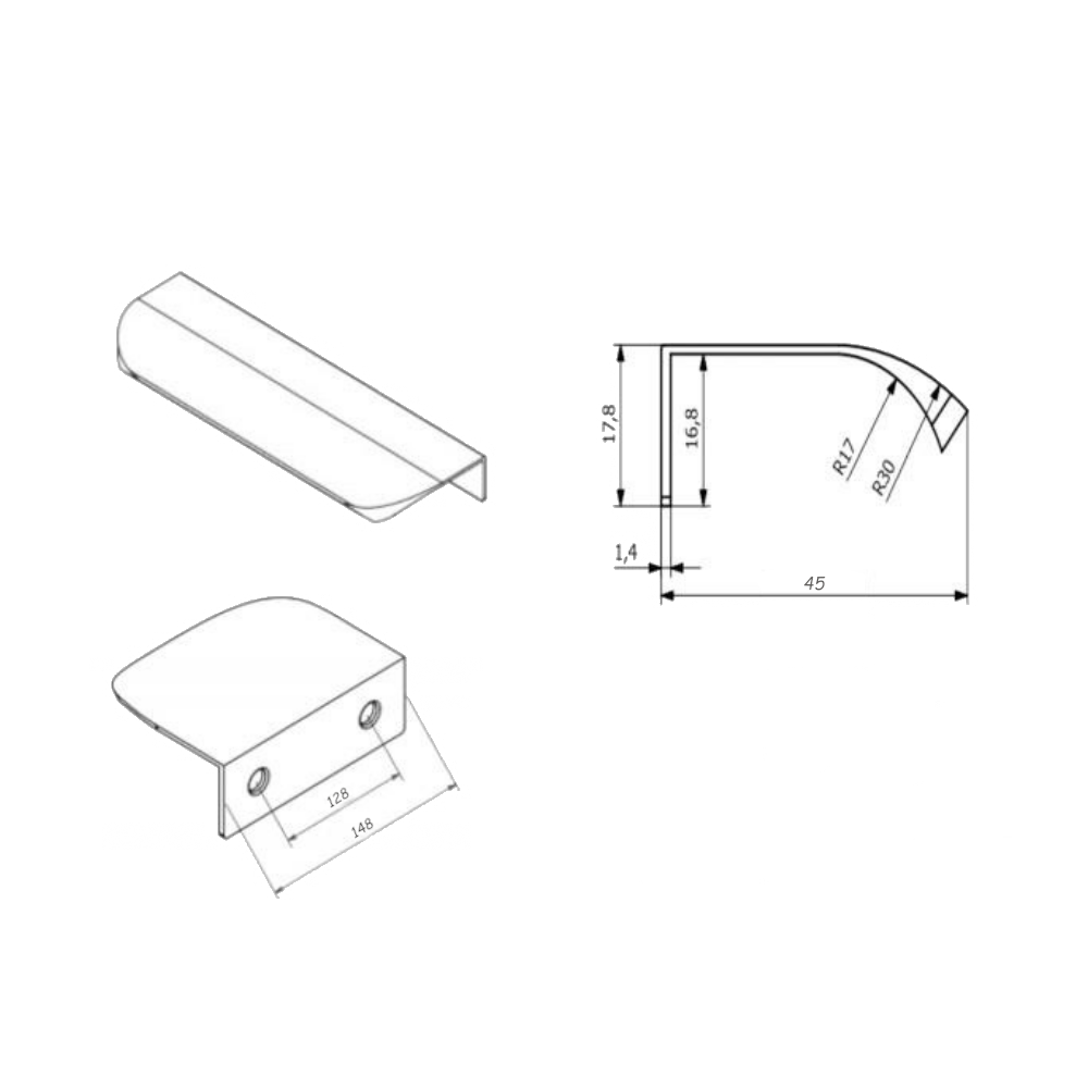 Okrajový úchop s kulatým profilem, délka 128 mm (celková délka 148 mm) - kartáčovaná ocel