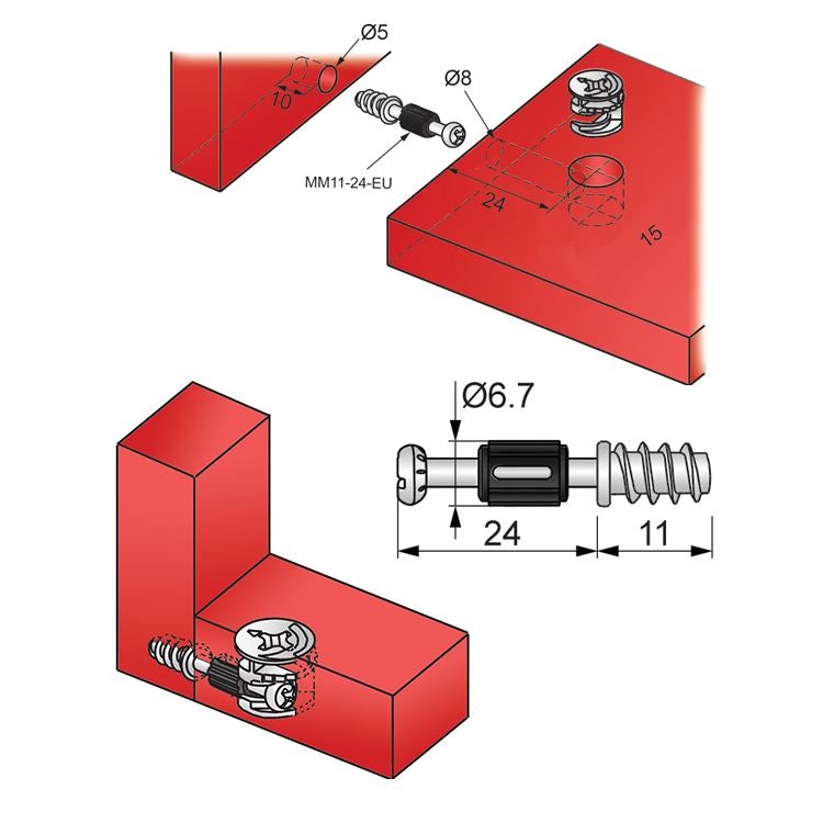 Cam Dowel 24mm s evropským šroubovým závitem - 100 ks