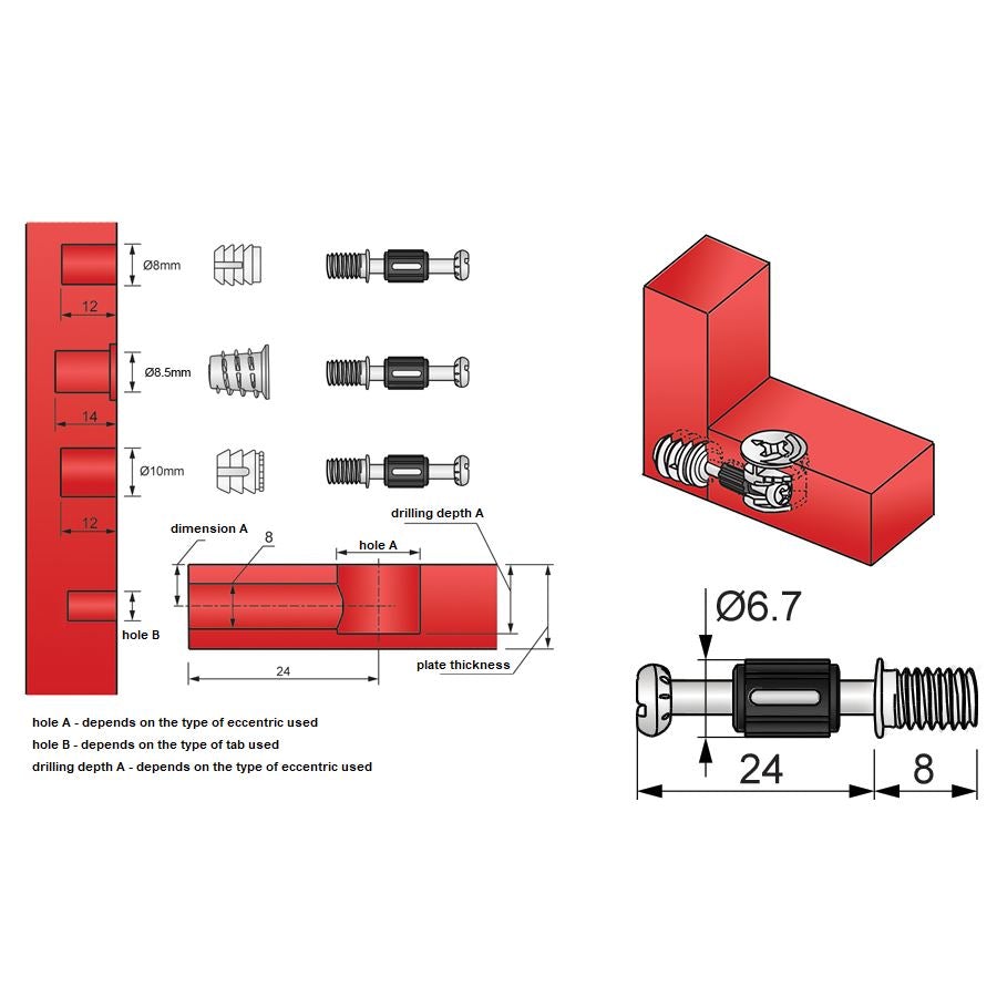 Cam Dowel 24mm s M6 závitem - 100 ks