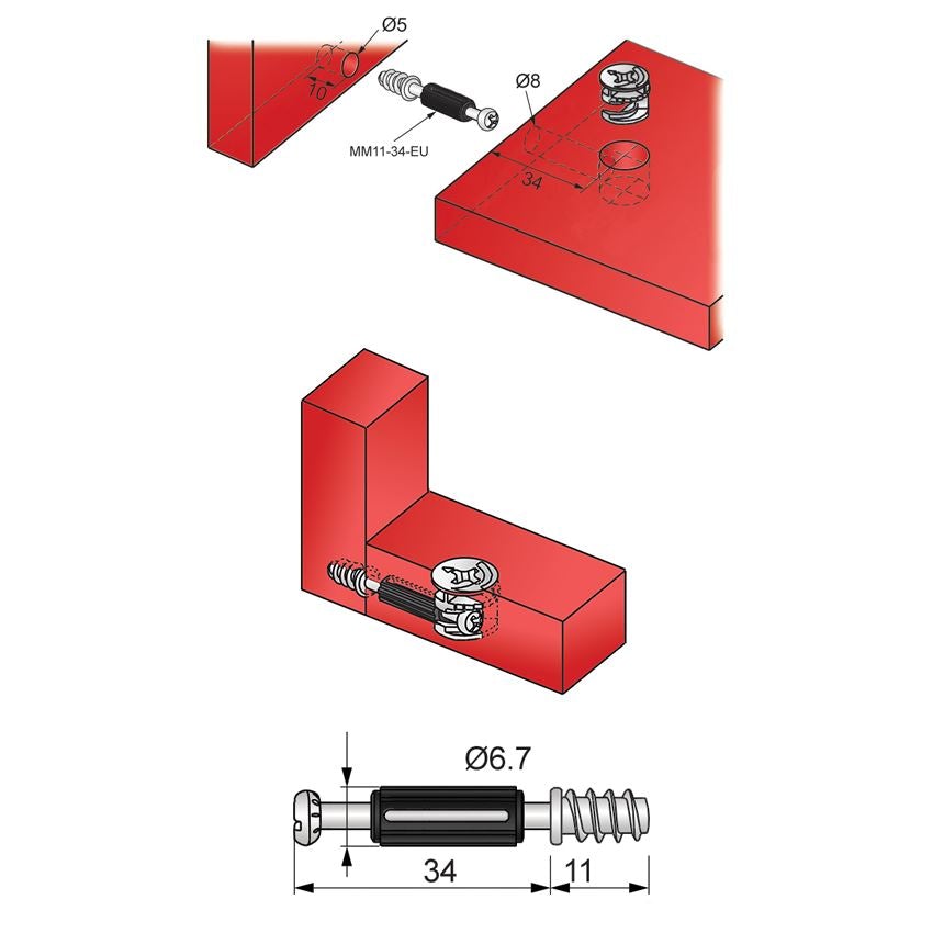 Cam Dowel 34mm s evropským šroubovým závitem - 100 ks