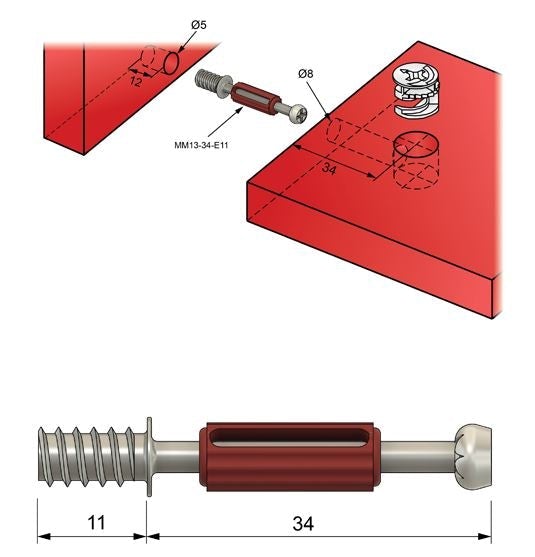 Cam dowel 34mm s evropským šroubovým závitem - 1 ks