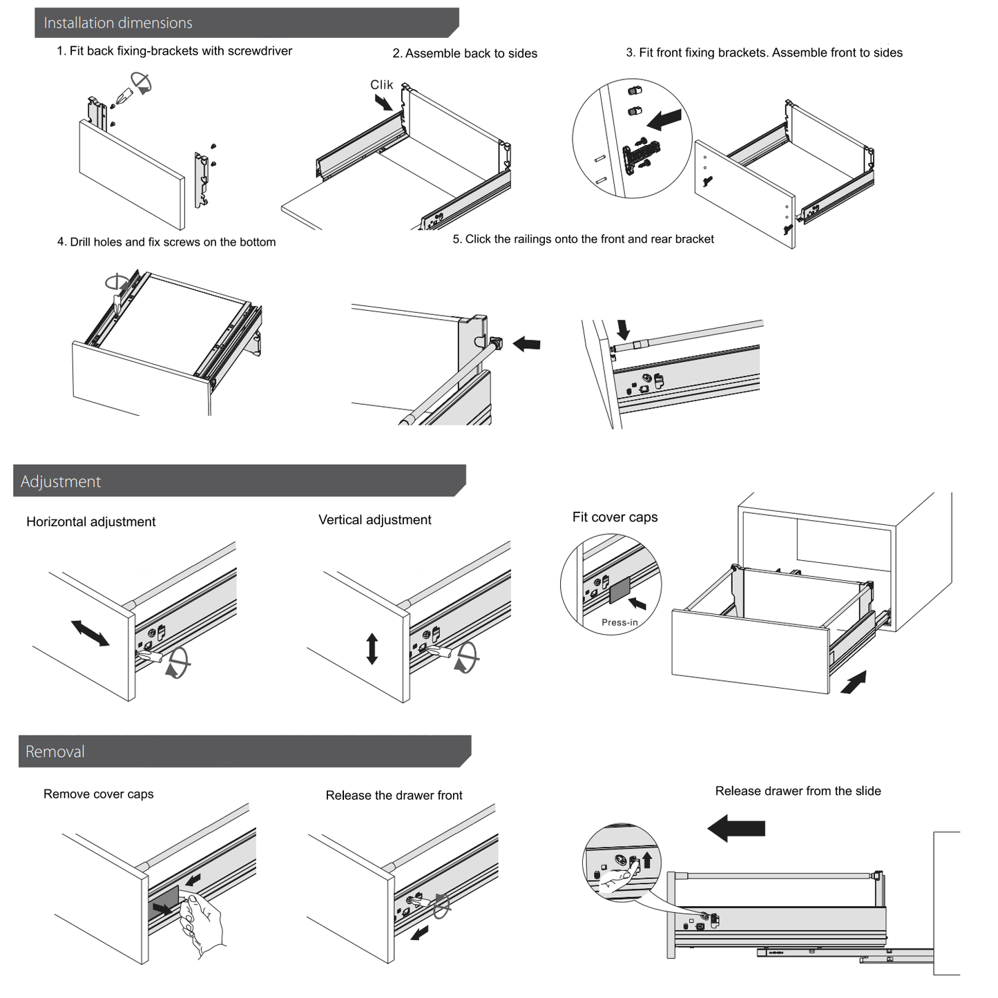 Sada systému zavírání zásuvek s tlumením, STŘEDNÍ, V: 142 mm, stříbrná (3) – Furnica