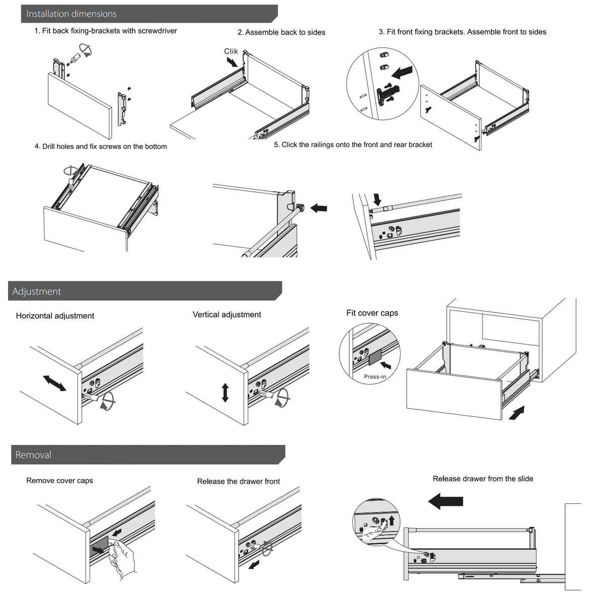 Sada systému zavírání zásuvek s tlumením, STŘEDNÍ, V: 142 mm, stříbrná (3) – Furnica