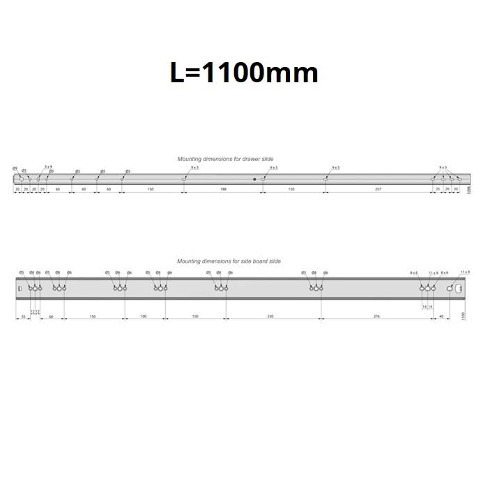 Výsuvné lišty s kuličkovými ložisky 1100 mm - H53 (pravá a levá strana)