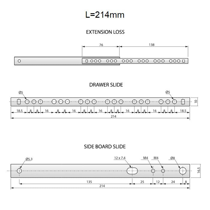 Výsuvné lišty s kuličkovými ložisky 214 mm - H17 (pravá a levá strana)