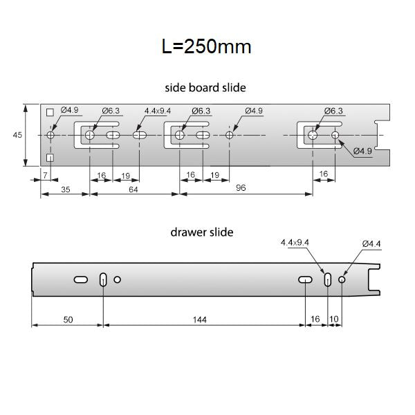 Výsuvné lišty s kuličkovými ložisky 250 mm - H45 (pravá a levá strana)