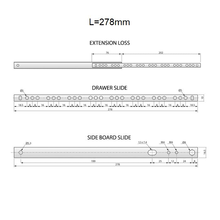 Výsuvné lišty s kuličkovými ložisky 278 mm - H17 (pravá a levá strana)