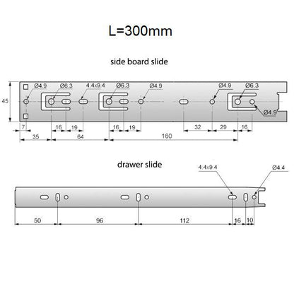 Drawer runners ball bearing 300mm - H45 (right and left side) Furnica 