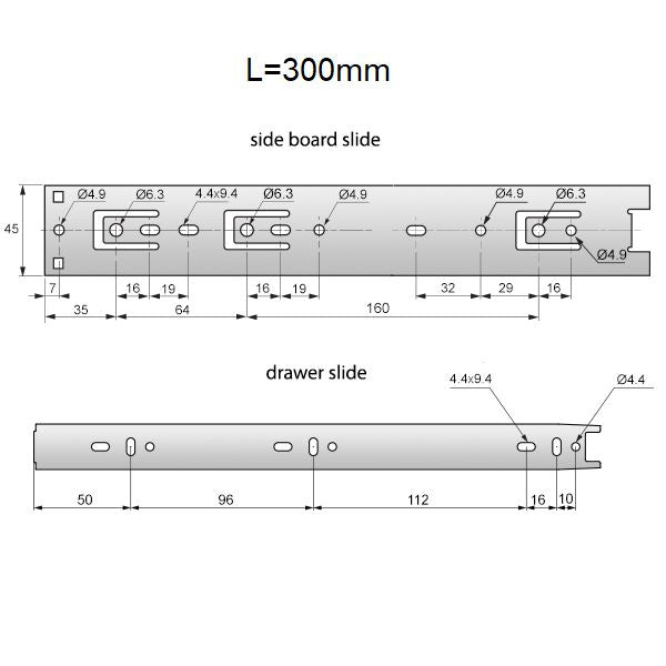 Výsuvné lišty s kuličkovými ložisky 300 mm - H45 (pravá a levá strana)