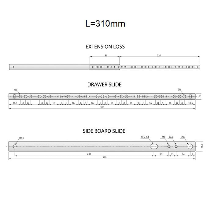 Výsuvné lišty s kuličkovými ložisky 310 mm - H17 (pravá a levá strana)