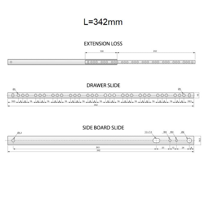 Výsuvné lišty s kuličkovými ložisky 342 mm - H17 (pravá a levá strana)