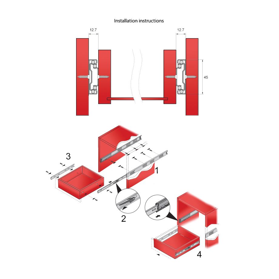 Drawer runners ball bearing 350mm - H45 (right and left side) Furnica 