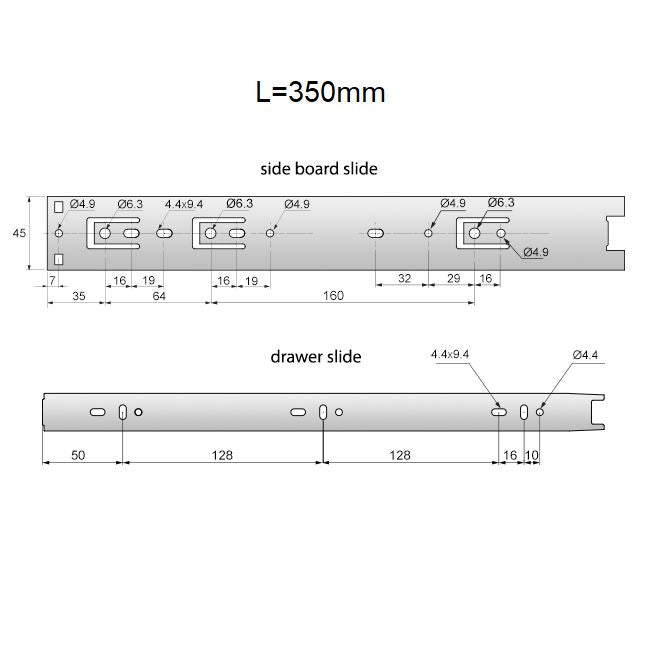 Výsuvné lišty s kuličkovými ložisky 350 mm - H45 (pravá a levá strana)