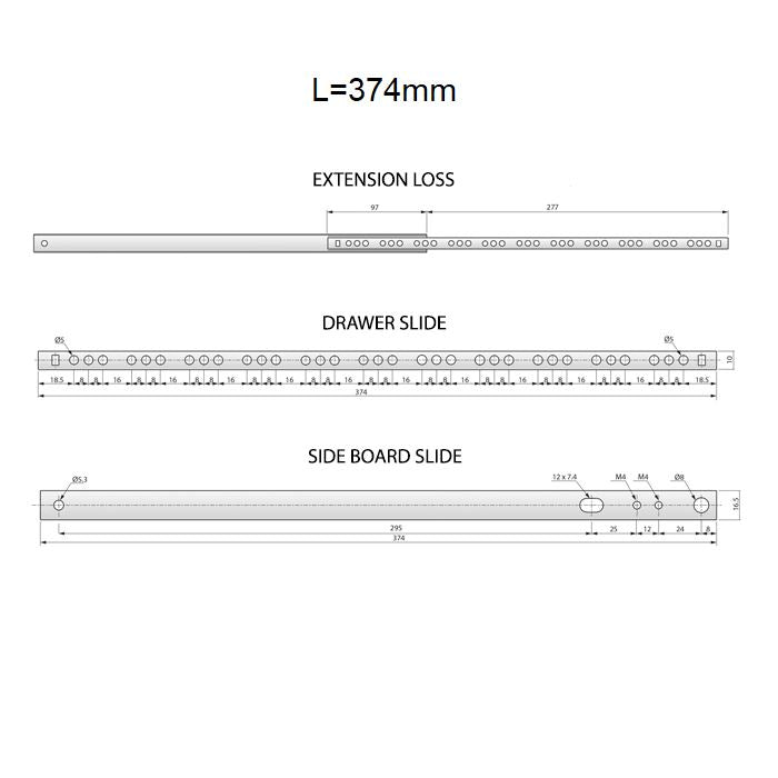 Výsuvné lišty s kuličkovými ložisky 374 mm - H17 (pravá a levá strana)