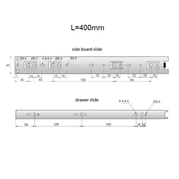 Výsuvné lišty s kuličkovými ložisky 400 mm - H45 (pravá a levá strana)