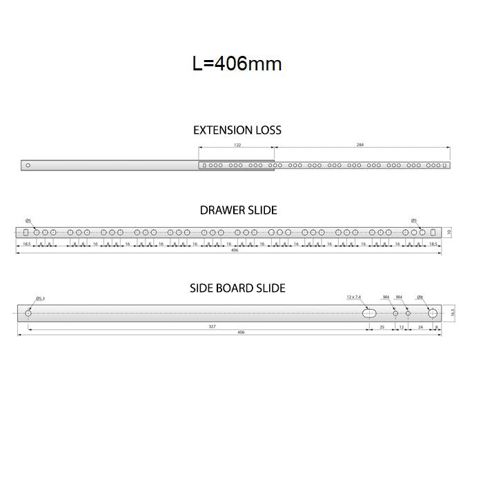 Výsuvné lišty s kuličkovými ložisky 406 mm - H17 (pravá a levá strana)