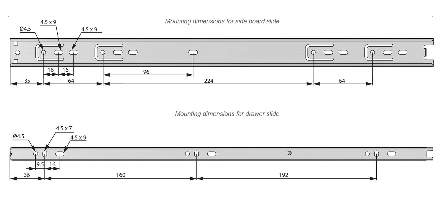 Drawer runners ball bearing 450mm - H30 (right and left side) Furnica 