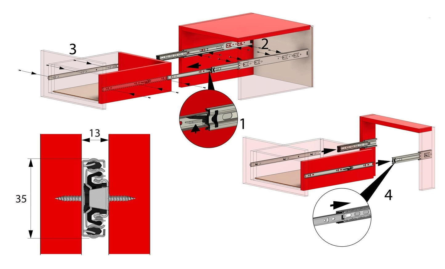 Drawer runners ball bearing 450mm - H35 (right and left side) Furnica 