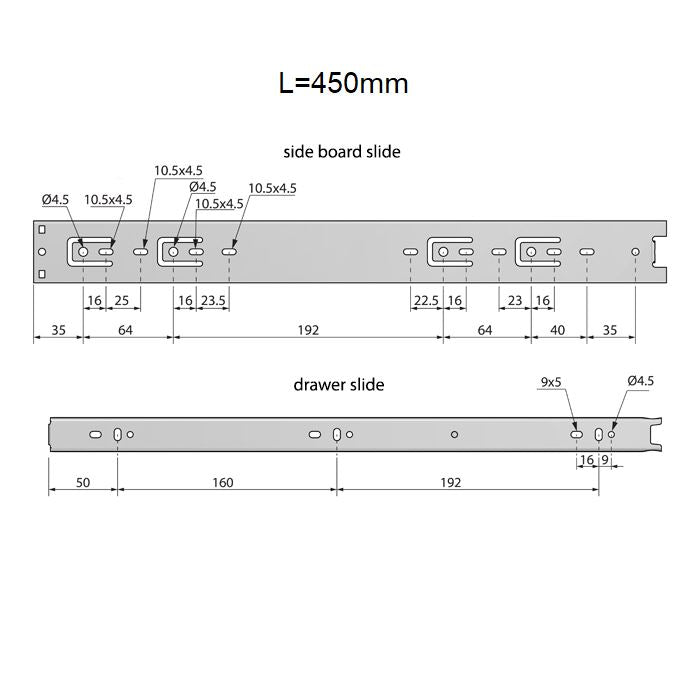 Výsuvné lišty s kuličkovými ložisky 450 mm - H45 (pravá a levá strana)